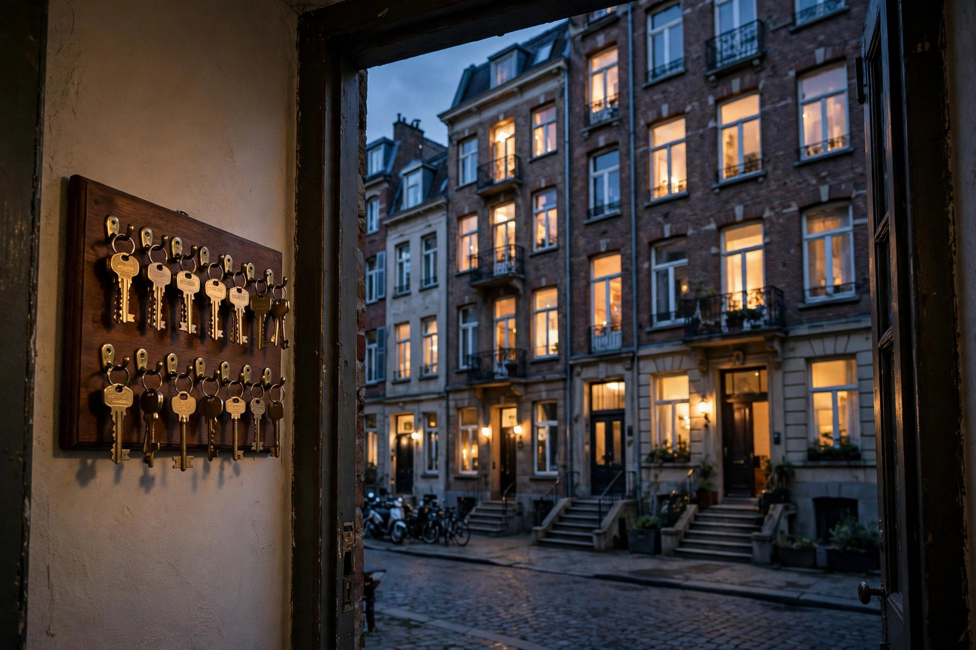 Apartment building entrances along a city street at dusk, with warm lights in the windows
